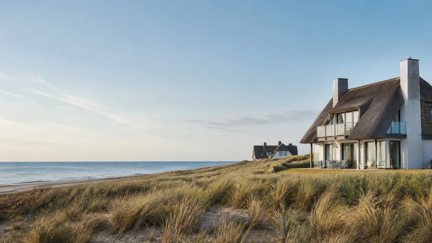 Modernes Reetdachhaus in den Dünen mit Blick auf die Nordsee.