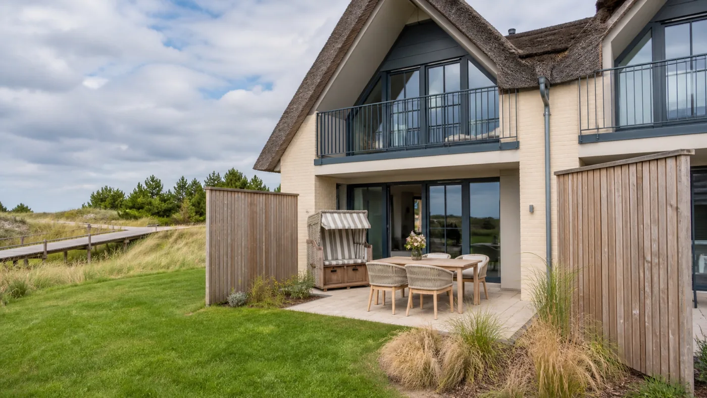 Modernes Ferienhaus mit Reetdach, Terrasse und Strandkorb.