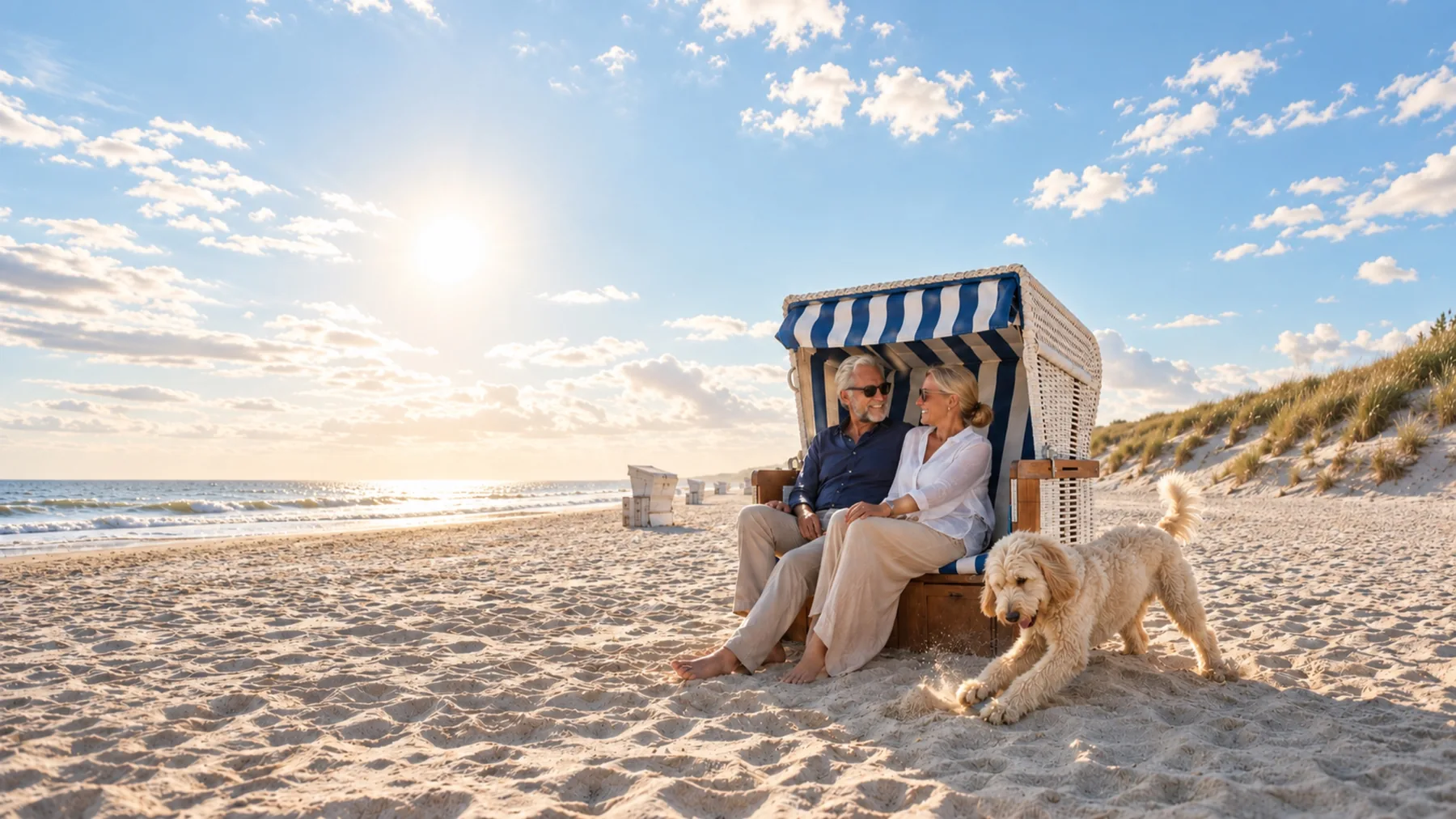Älteres Paar sitzt mit einem cremefarbenen Goldendoodle in einem Strandkorb auf Sylt.