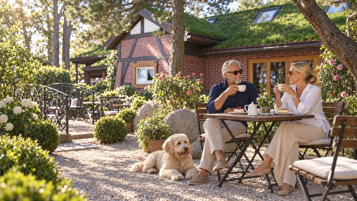 Älteres Paar trinkt Kaffee im Garten der Kupferkanne.