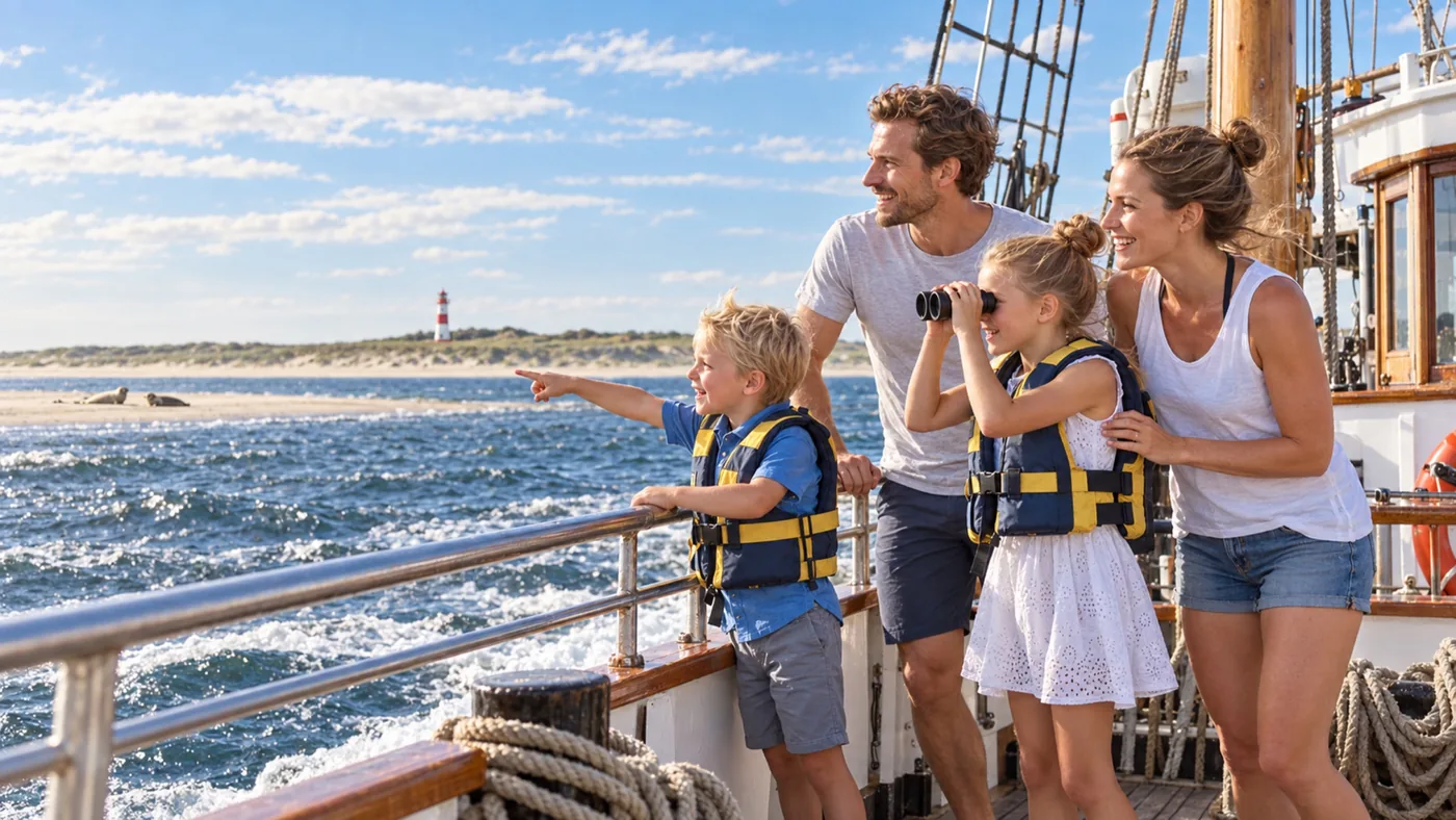 Familie beobachtet Seehunde während einer Kutterfahrt vor List.