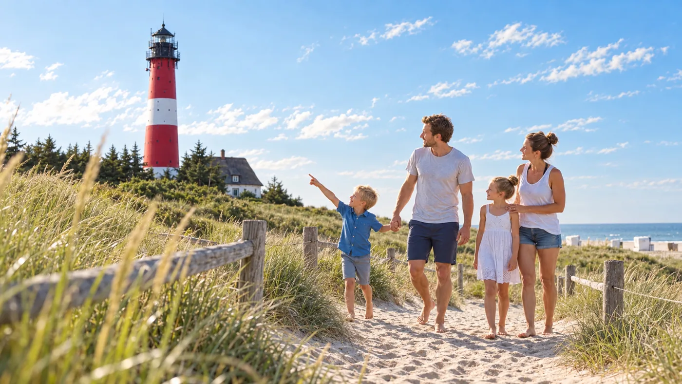 Familie besucht den rot-weißen Leuchtturm in Hörnum.