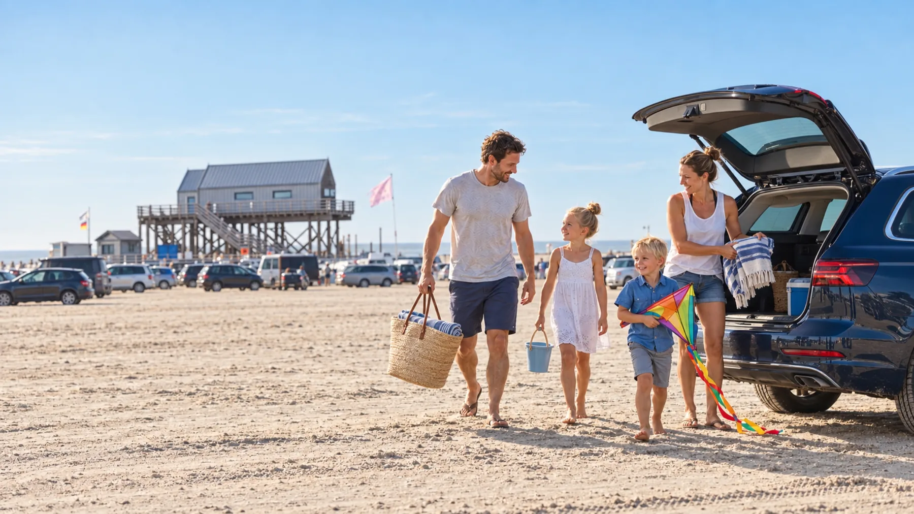 Familie lädt Strandutensilien aus einem Auto am Strandparkplatz Ording aus.