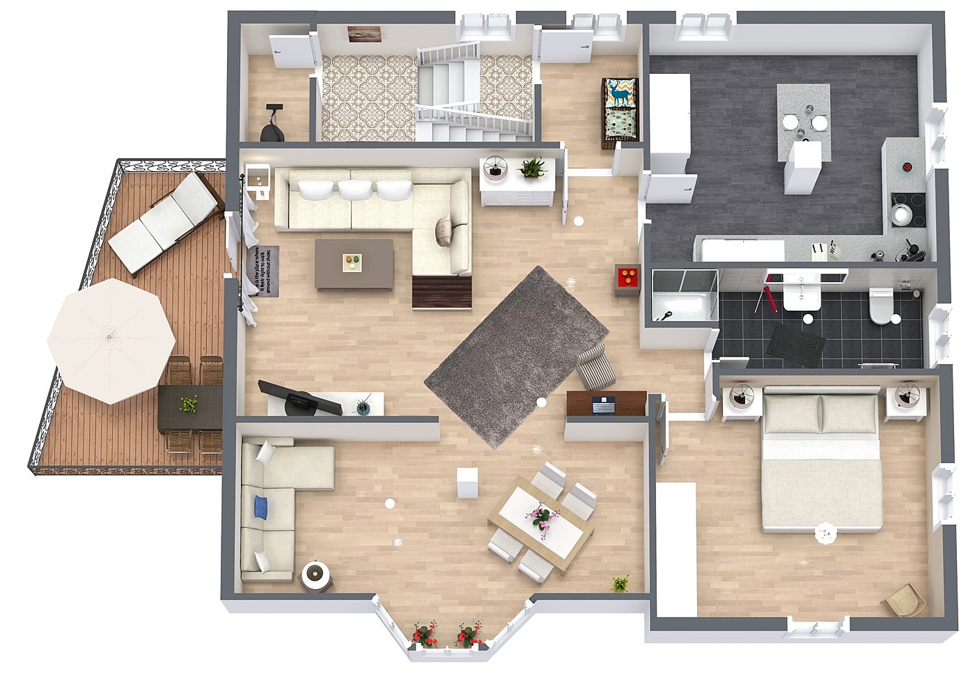 Dreidimensionale Ansicht der Atelierwohnung im Dachgeschoss der Villa Emmilio