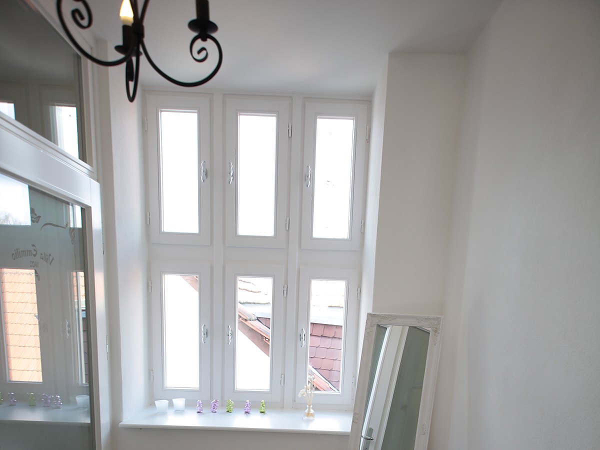 Wohnungsabschlusstür mit geätztem Glas und neue Fenster in der Villa Emmilio