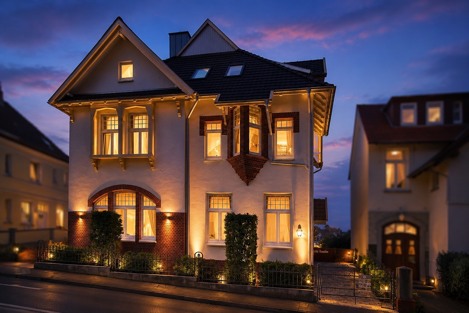 Villa Emmilio in der Abenddämmerung mit warm beleuchteten Fenstern