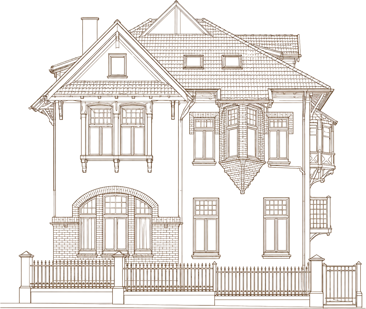 Architektonische Strichzeichnung der Villa Emmilio – Vorderansicht mit Erker, Giebeln, Balkonen und Zaun