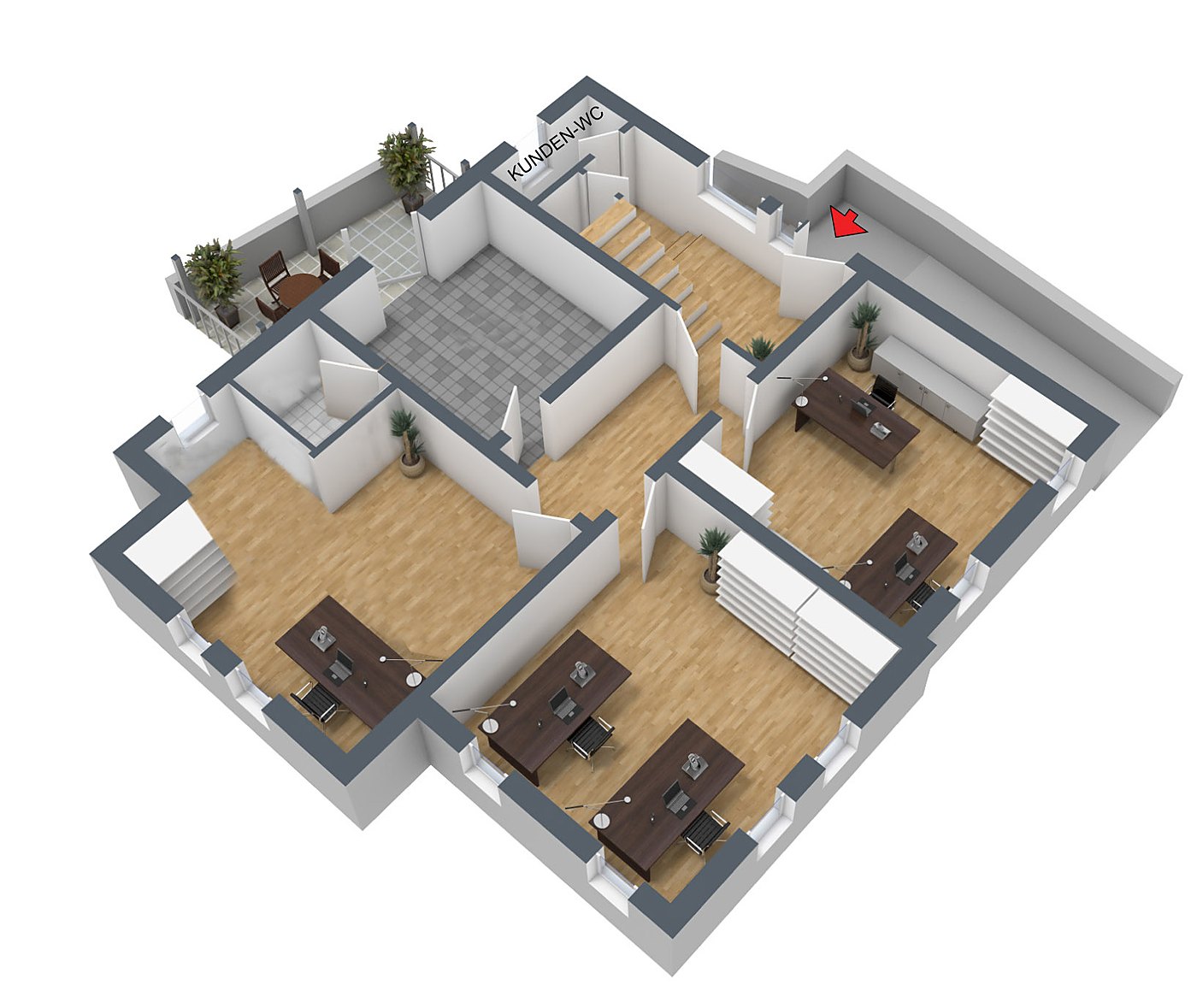Dreidimensionale Ansicht des Büro-Grundrisses im Hochparterre der Villa Emmilio