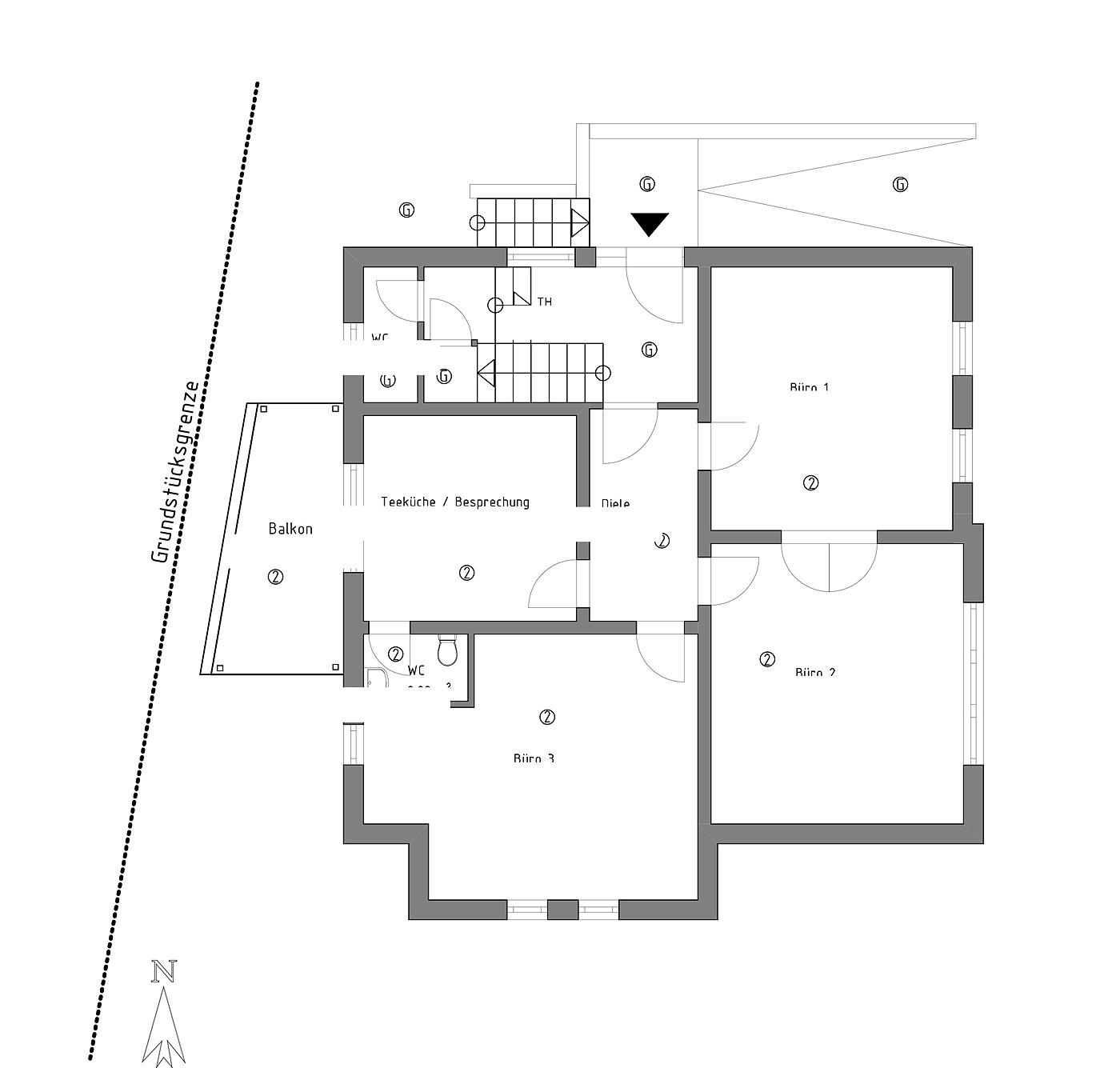 Grundriss des gewerblichen Hochparterres (Office) der Villa Emmilio