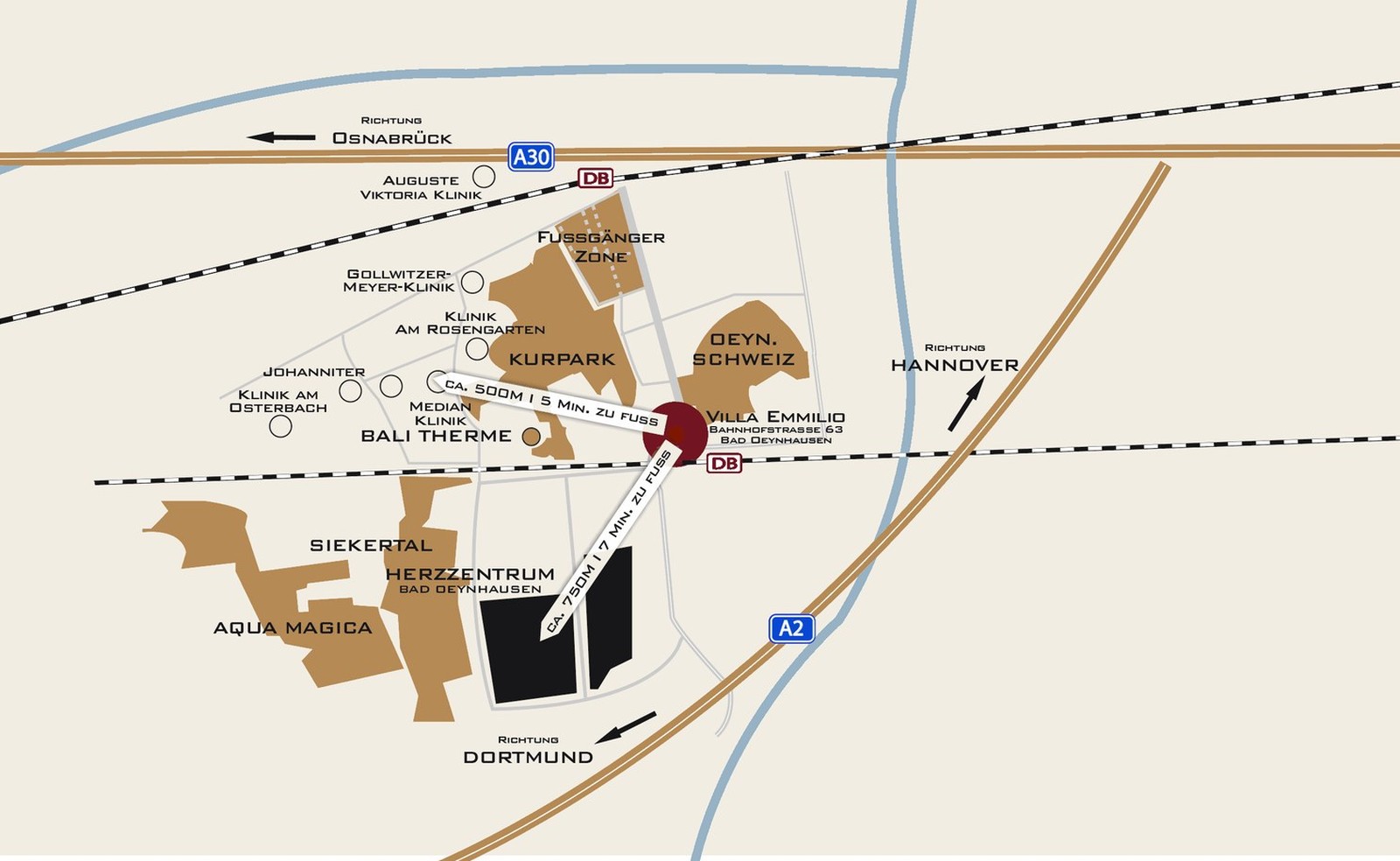 Anfahrtsskizze zur Villa Emmilio, Bahnhofstraße 63 in Bad Oeynhausen – mit A30, A2, Bahnhof, Kurpark und Kliniken