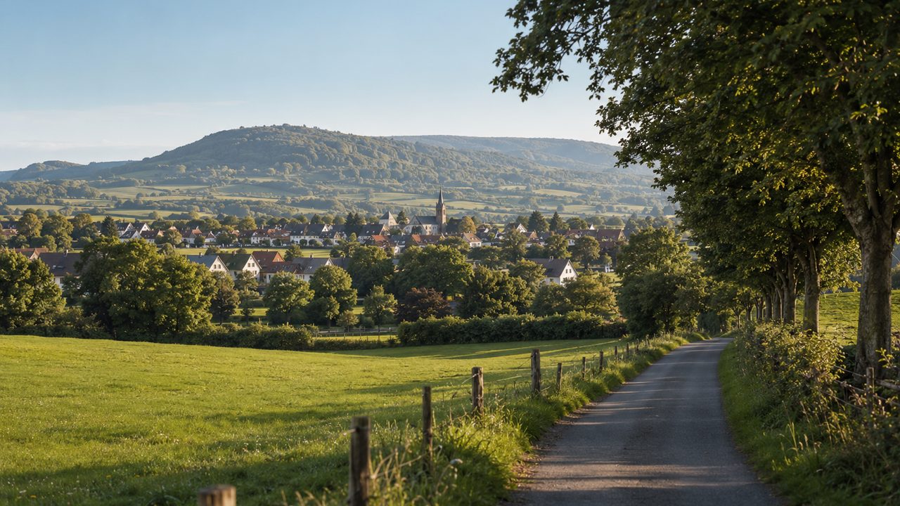 Blick über Felder auf Bad Oeynhausen-Volmerdingsen mit dem Wiehengebirge im Hintergrund
