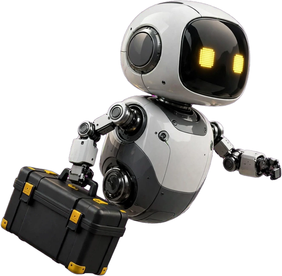 Hover, der Assistent, mit Werkzeugkoffer