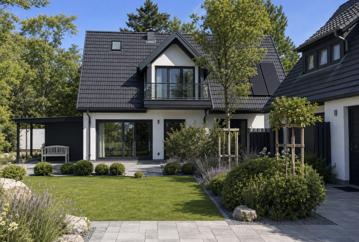 Gartenseite mit Rasen, Lavendel und Terrasse