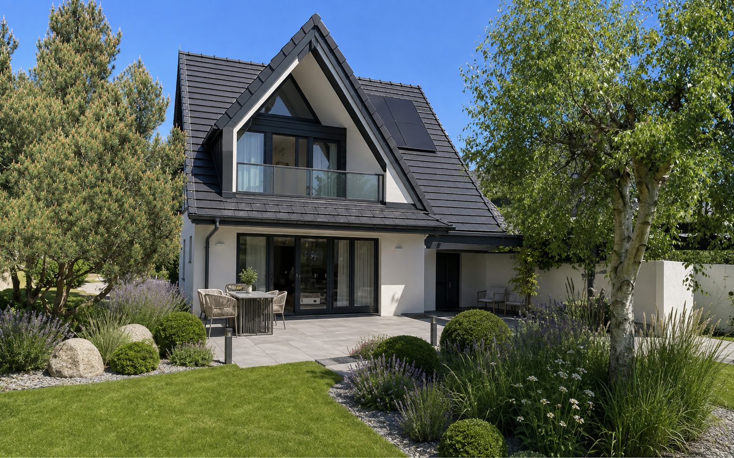Giebelansicht mit bodentiefen Fenstern, Balkon und Terrasse im Garten