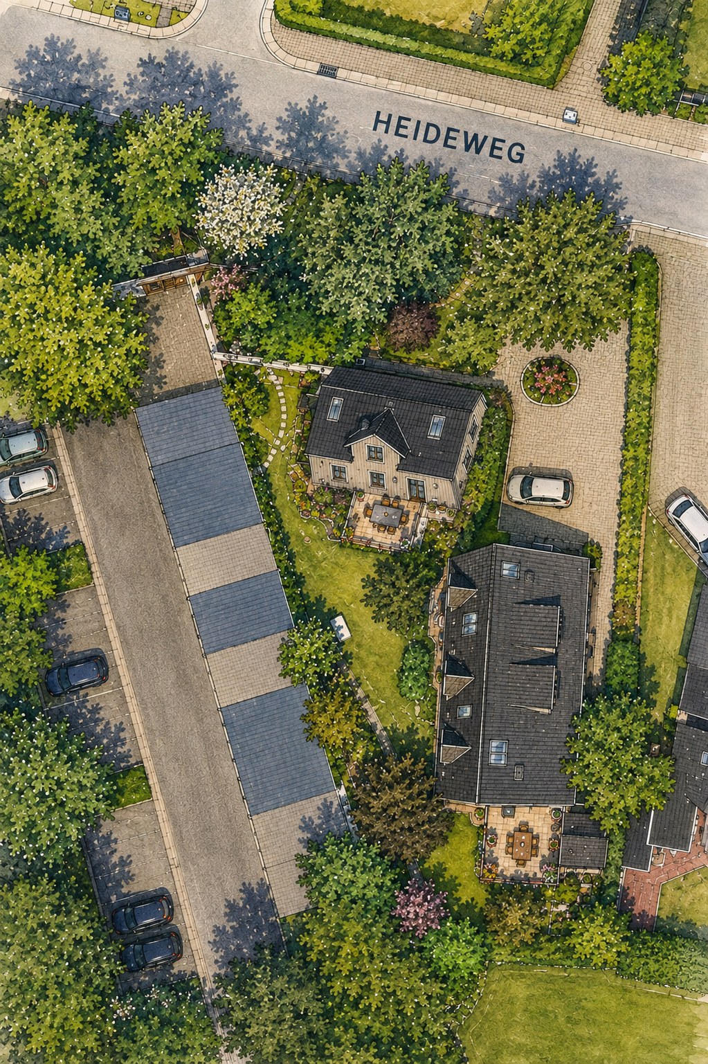 Vogelperspektive des Grundstücks am Heideweg mit Vorderhaus, Seitenhaus, Stellplätzen und Gärten