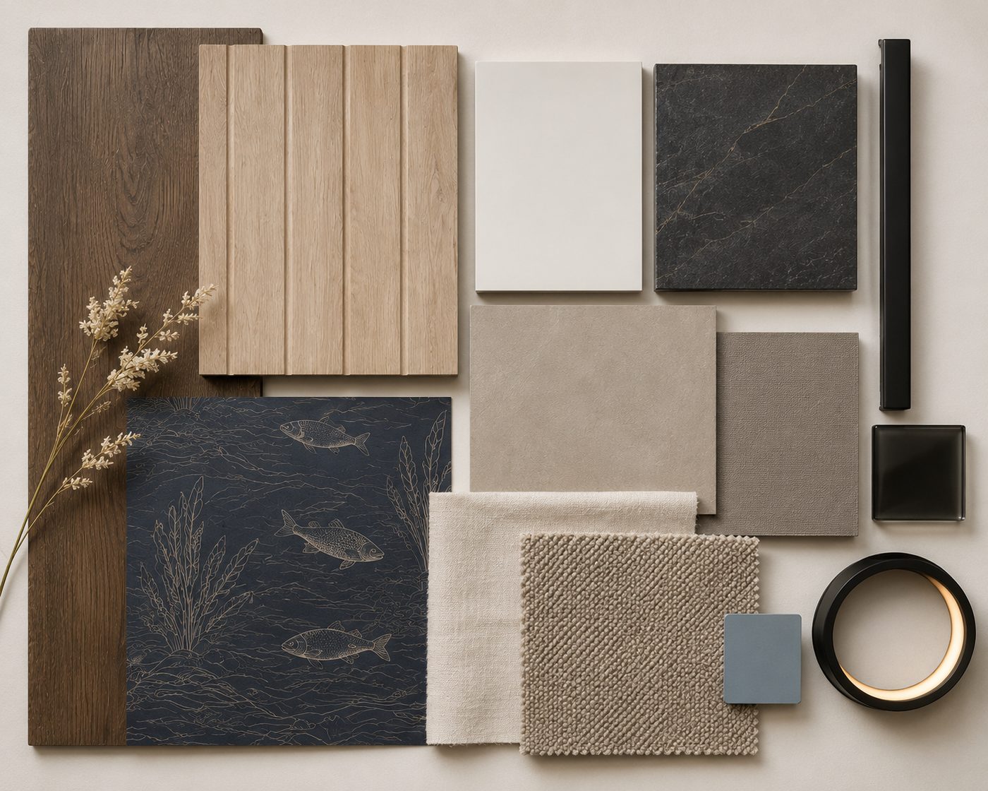 Material-Moodboard: dunkles und helles Holz, Naturstein, Leinen, Bouclé, maritime Tapete und schwarze Beschläge