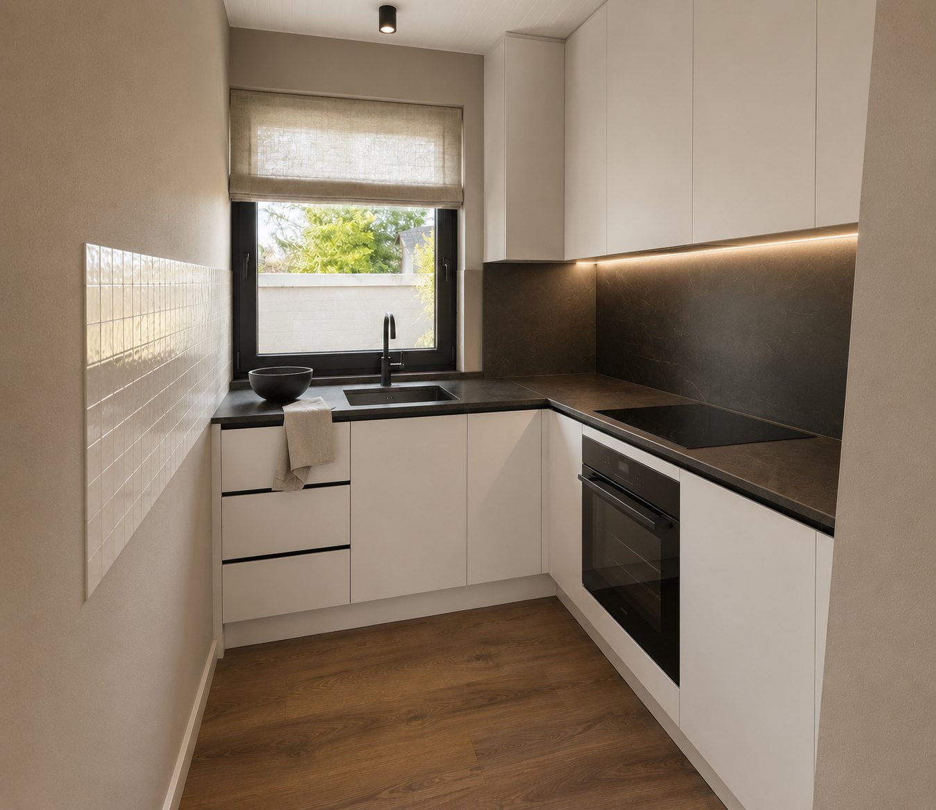 Küche von Westwind mit heller Einbauzeile, dunkler Arbeitsplatte und Fenster