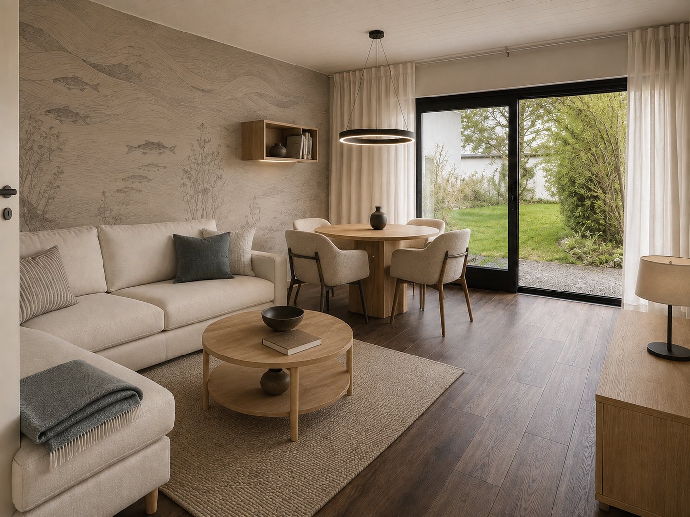 Wohn- und Essbereich von Westwind mit heller Polstergarnitur, Rundtisch und Gartenzugang