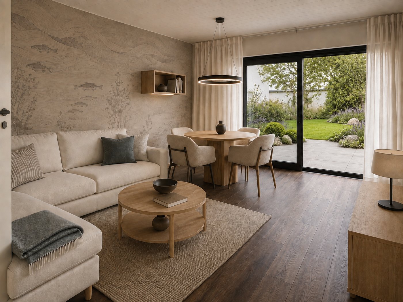 Wohnbereich von Westwind mit Sofa, Essplatz und Blick ins Grüne