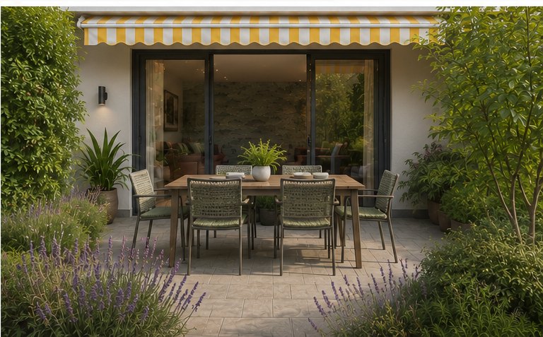 Terrasse von Seewolf mit Markise, Esstisch und Lavendel im Garten