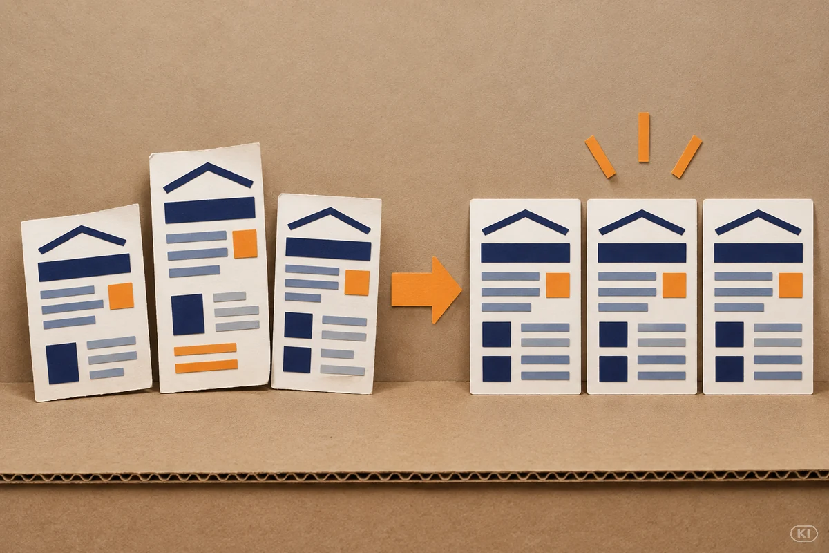 Links drei unterschiedlich aufgebaute Angebote aus Papier, rechts dieselben drei auf gleicher Grundlage und damit vergleichbar.