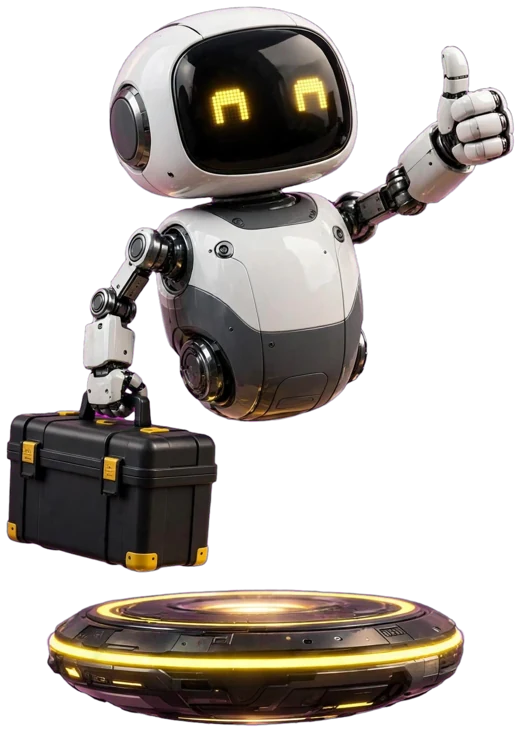 Kleiner weißer Roboter mit leuchtenden Augen gibt einen Daumen hoch und schwebt mit seinem Werkzeugkoffer über einer gelb leuchtenden Plattform.