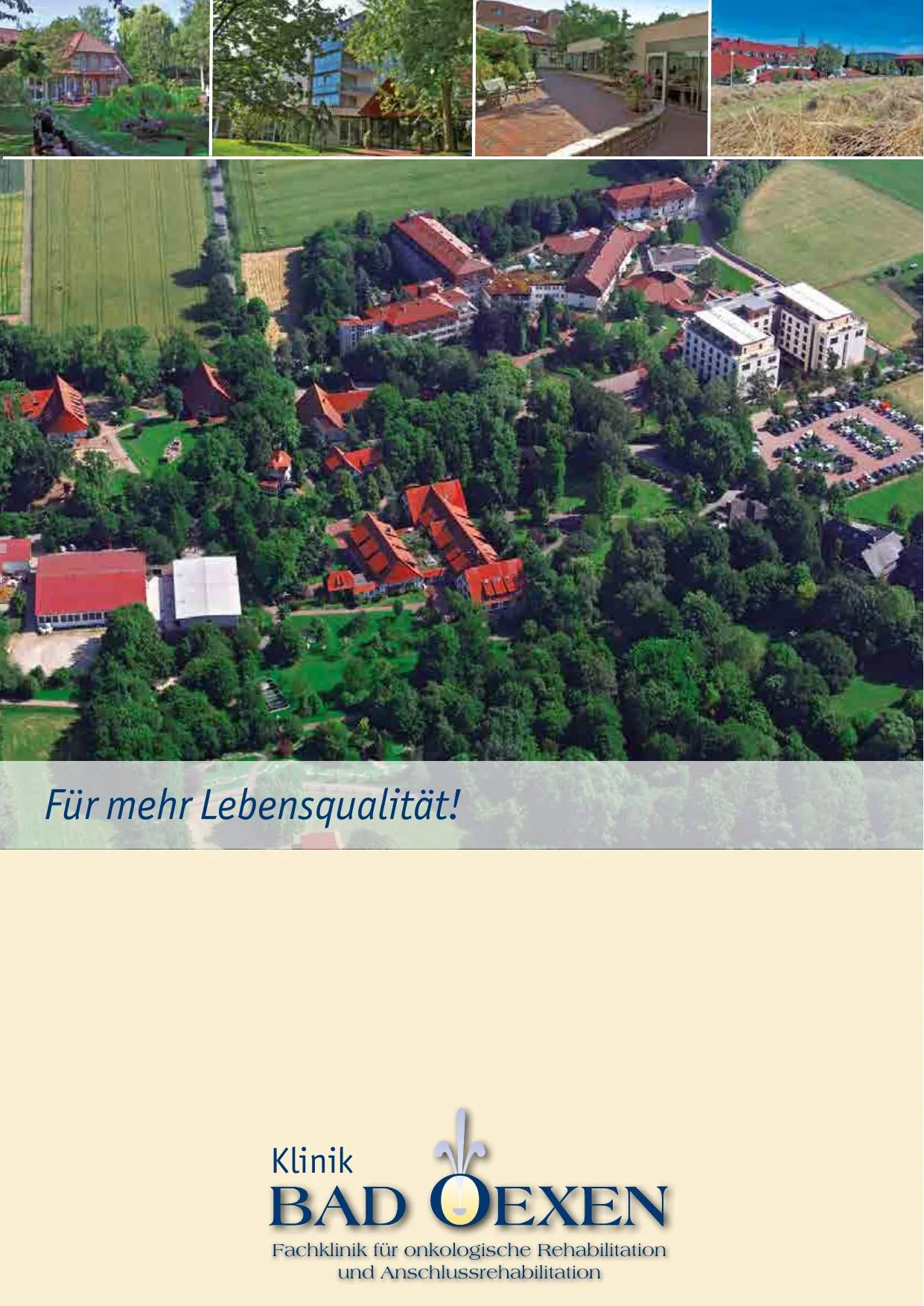 Titelseite des Hauptprospekts der Klinik Bad Oexen mit Luftaufnahme der Anlage.