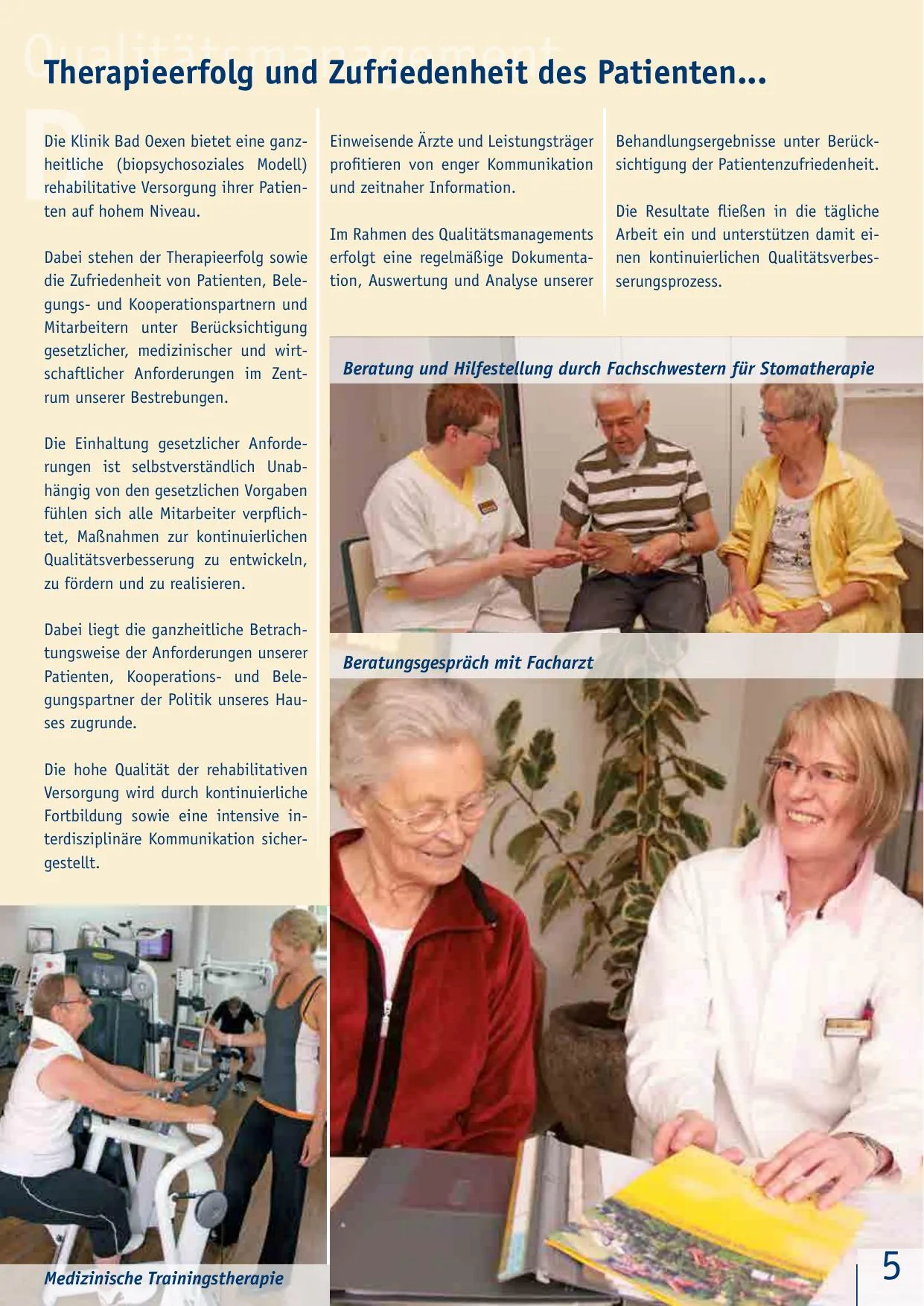 Innenseite des Klinikprospekts mit Therapieübersicht und Patientenaussagen.