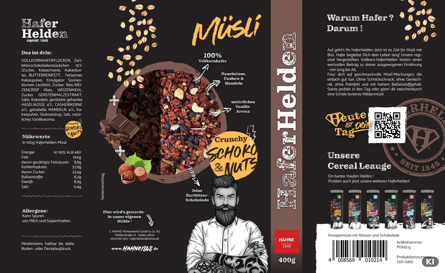 Originale Abwicklung der Haferhelden-Müsli-Verpackung.