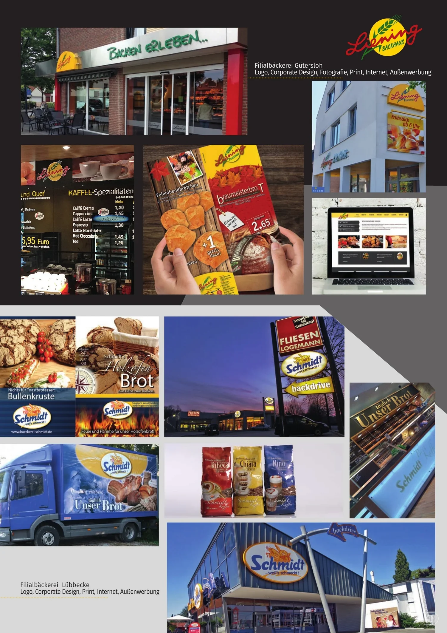 Portfolioseite mit Bäckerei- und Filialprojekten.