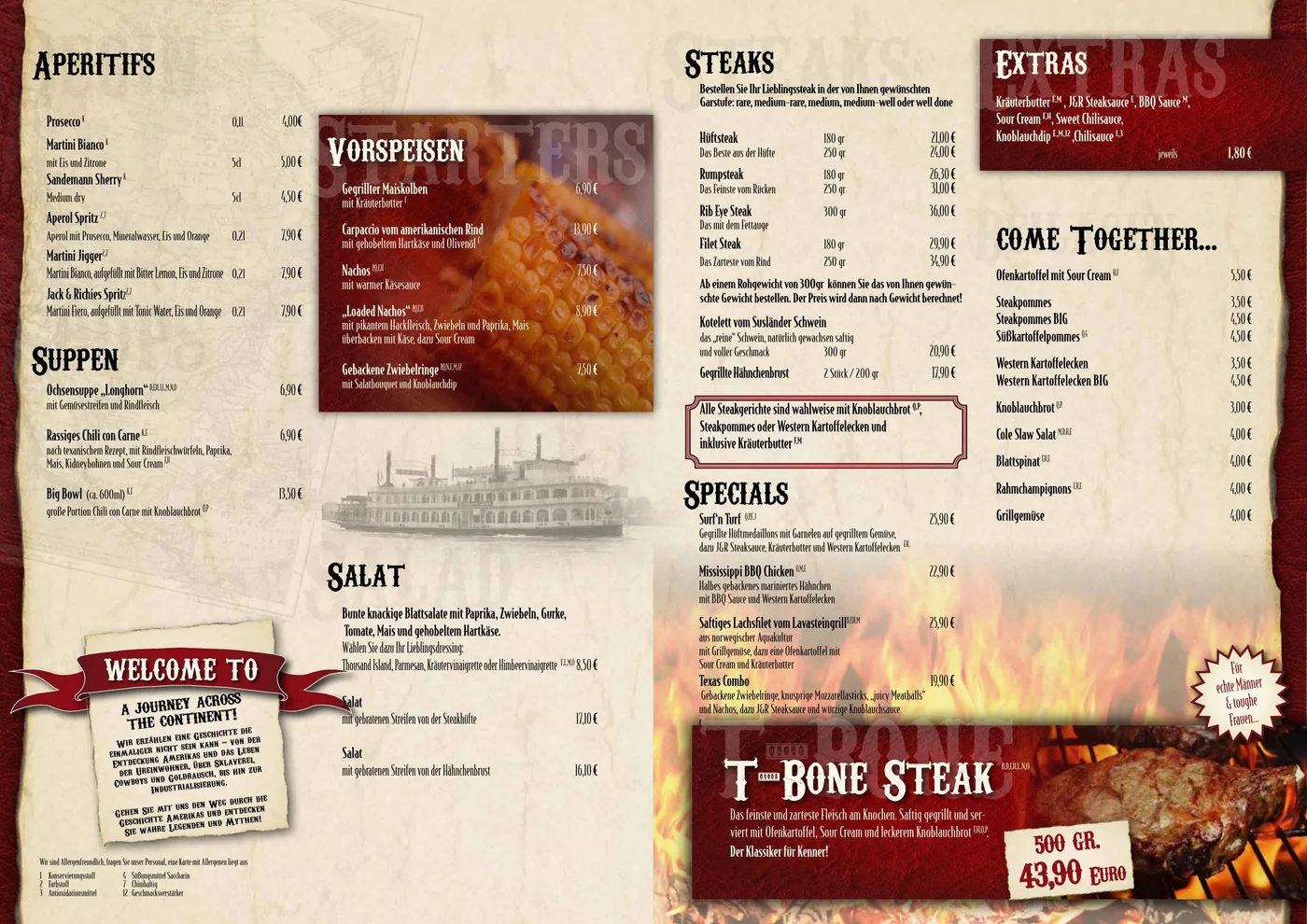 Innenseiten der Speisekarte mit Steaks, Burgern und Beilagen.