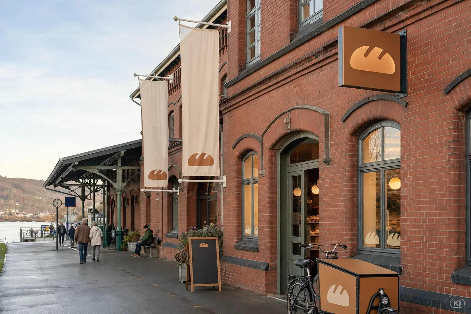 Moderner Markenauftritt an der historischen Fassade.